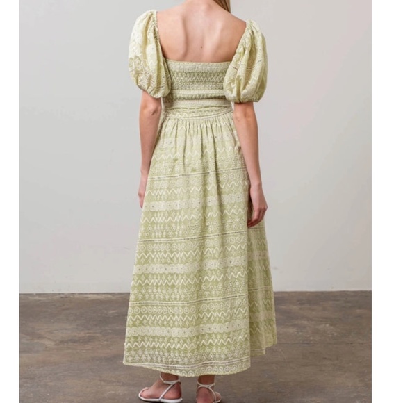 MOON RIVER Geo Pattern sweetheart Puff Sleeve Midi Dress Sage Green - M - Picture 5 of 15